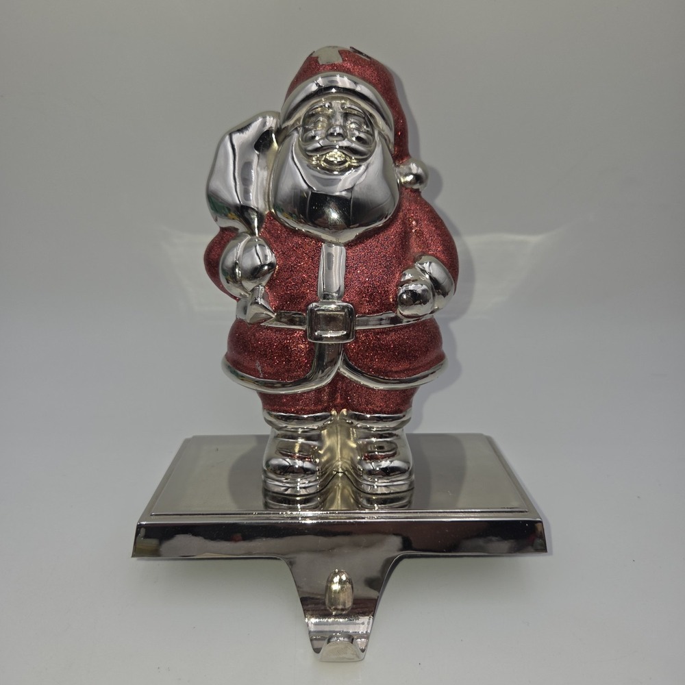 Vintage Silver Metal w/ Red Glittered Santa Christmas stocking Holder/ Hanger
